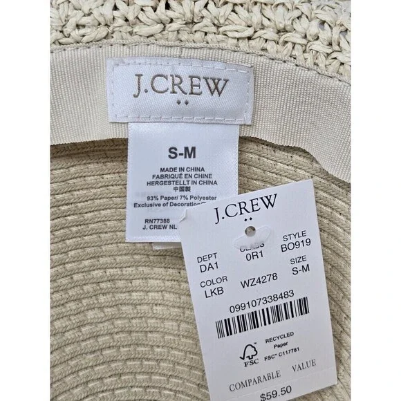 NWT J. CREW STRAW HAT WITH ROPE NATURAL BEIGE WOVEN PAPER WOMEN S/M WIDE BRIM - Picture 8 of 12